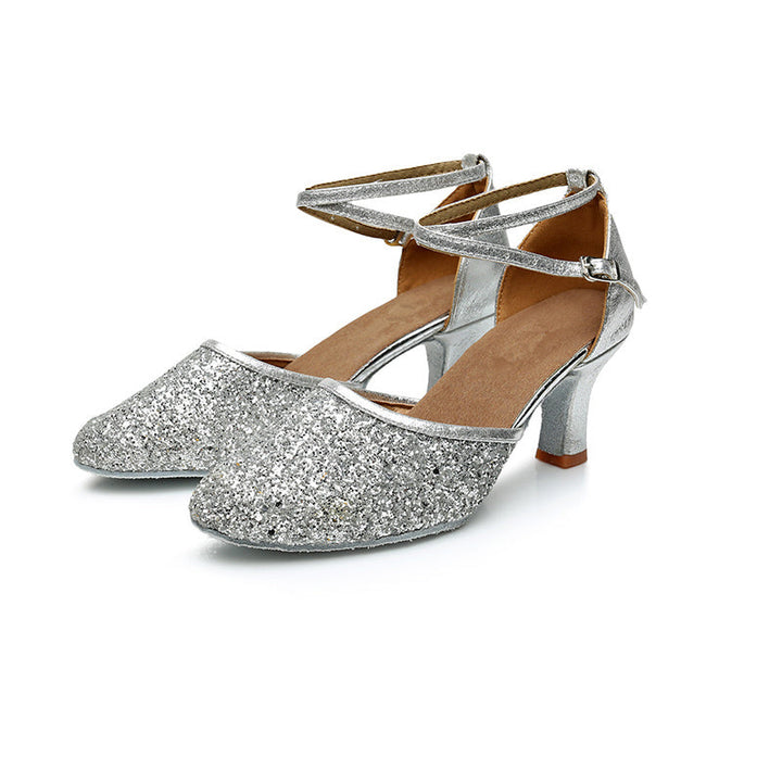 Chaussures de Danse pour Femmes, Bride à la Cheville, Talon, Bout Rond, Chaussures Latines à Paillettes