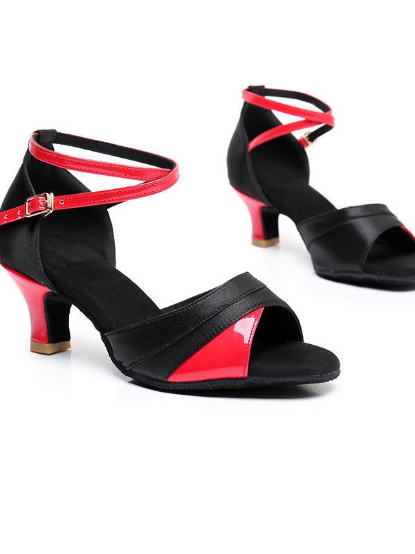 Chaussures de Danse pour Femmes avec Boucle et Bride à la Cheville, Talon et Bout Ouvert, Chaussures Latines en Satin Pu