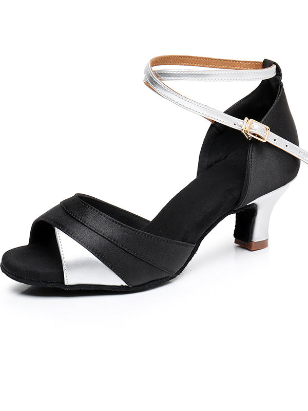 Chaussures de Danse pour Femmes avec Boucle et Bride à la Cheville, Talon et Bout Ouvert, Chaussures Latines en Satin Pu
