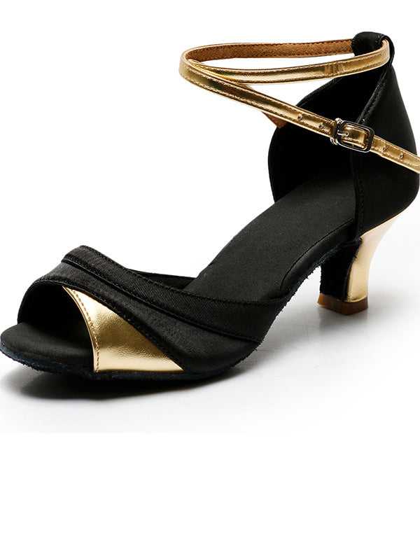Chaussures de Danse pour Femmes avec Boucle et Bride à la Cheville, Talon et Bout Ouvert, Chaussures Latines en Satin Pu