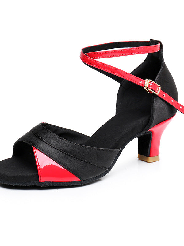 Chaussures de Danse pour Femmes avec Boucle et Bride à la Cheville, Talon et Bout Ouvert, Chaussures Latines en Satin Pu