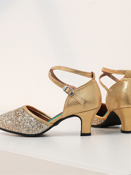 Chaussures de Danse pour Femmes, Chaussures de Danse Latine en Daim à Boucle et Paillettes, Talon Bas et Bout Rond