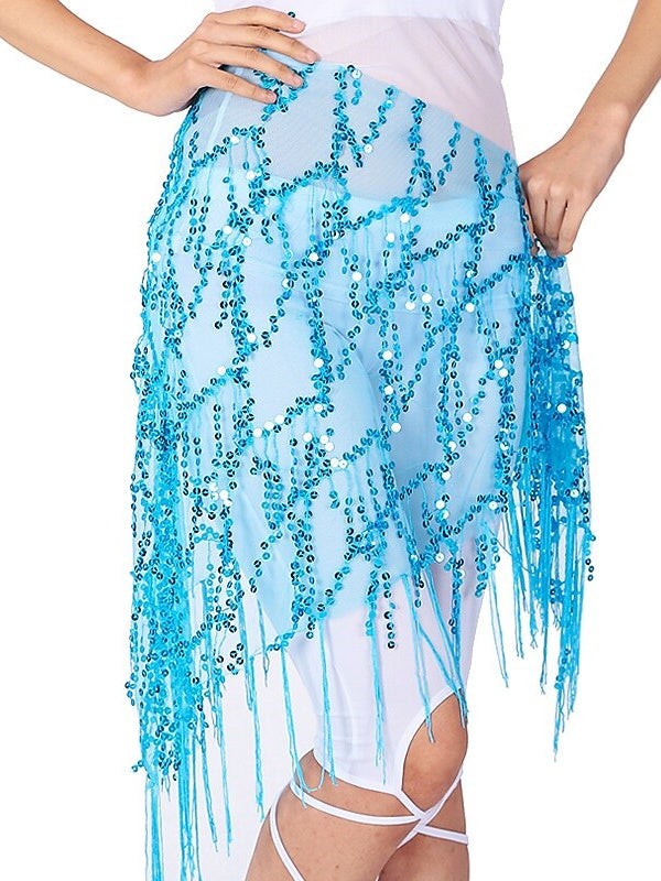 Accessoires de Danse Du Ventre Ceinture à Paillettes et Pompons Couleur Pure Performance pour Femmes