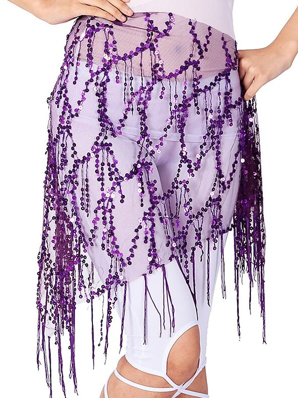Accessoires de Danse Du Ventre Ceinture à Paillettes et Pompons Couleur Pure Performance pour Femmes