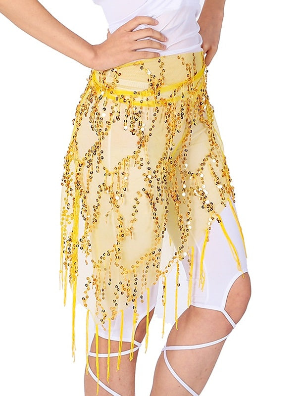 Accessoires de Danse Du Ventre Ceinture à Paillettes et Pompons Couleur Pure Performance pour Femmes