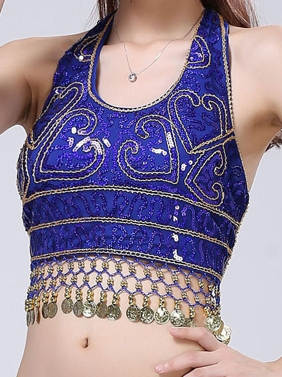 Haut Sans Manches de Danse Du Ventre avec Pompon et Épissure Solide pour Femme