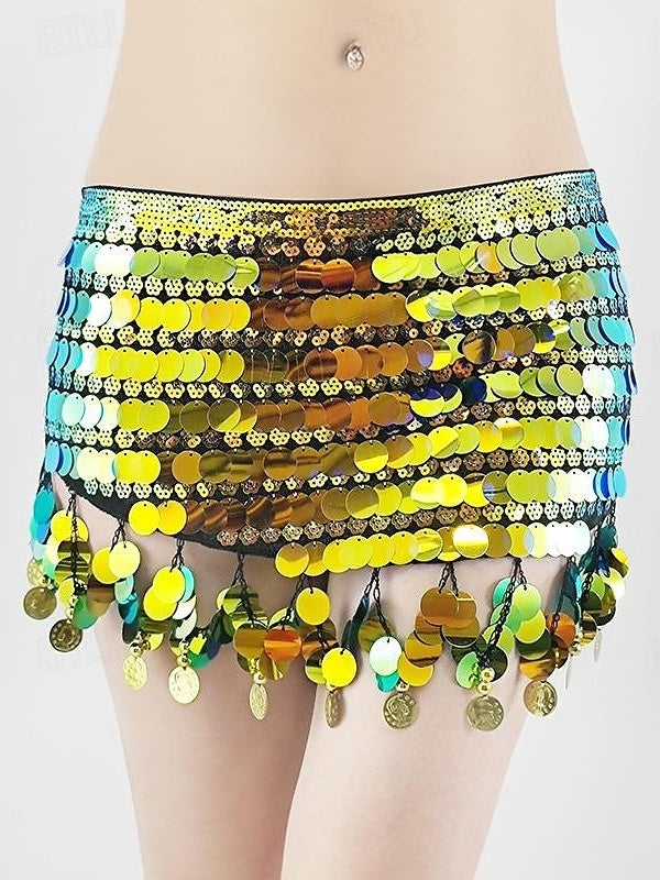Ceinture de Danse Du Ventre en Polyester Pailleté pour Femme avec Pièce D'Or et Épissure de Couleur Pure