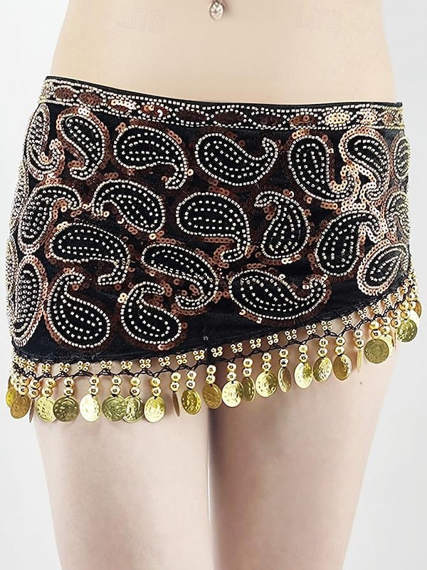 Jupes de Danse Du Ventre Pièces D'Or Perles Épissage Performance pour Femmes Entraînement Haute Polyester