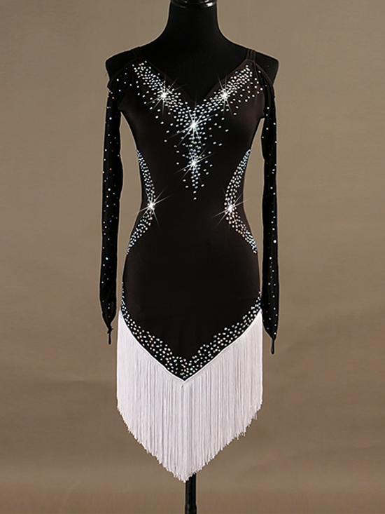 Robe de Danse Latine pour Femme Cristaux / Strass Womenéˆ¥Æ¦® Entraînement Manches Longues Haute Spandex Tulle