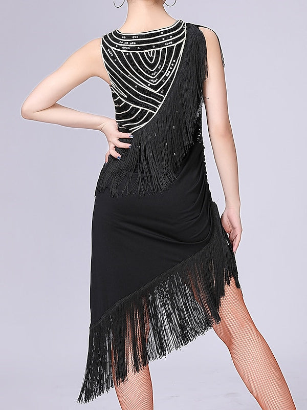 Robe de Danse Latine pour Femmes, Tenue de Danse à Pompons, Couleur Pure, Épissure, Entraînement de Performance, Sans Manches