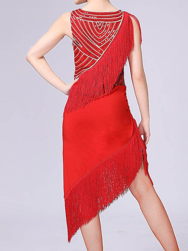 Robe de Danse Latine pour Femmes, Tenue de Danse à Pompons, Couleur Pure, Épissure, Entraînement de Performance, Sans Manches
