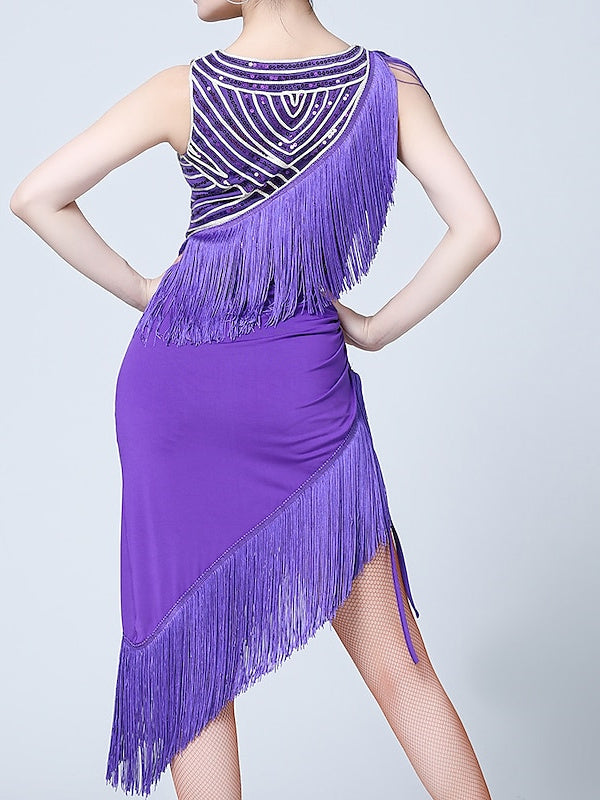 Robe de Danse Latine pour Femmes, Tenue de Danse à Pompons, Couleur Pure, Épissure, Entraînement de Performance, Sans Manches