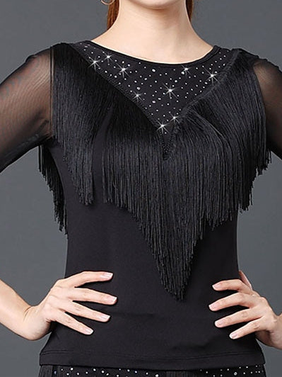Vêtements de Danse pour Femmes Danse Latine Danse de Salon Haut à Franges Froncé Couleur Unie Gland Manches Courtes