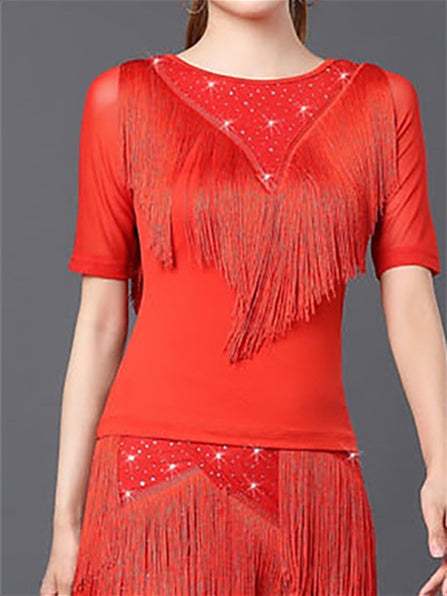 Vêtements de Danse pour Femmes Danse Latine Danse de Salon Haut à Franges Froncé Couleur Unie Gland Manches Courtes