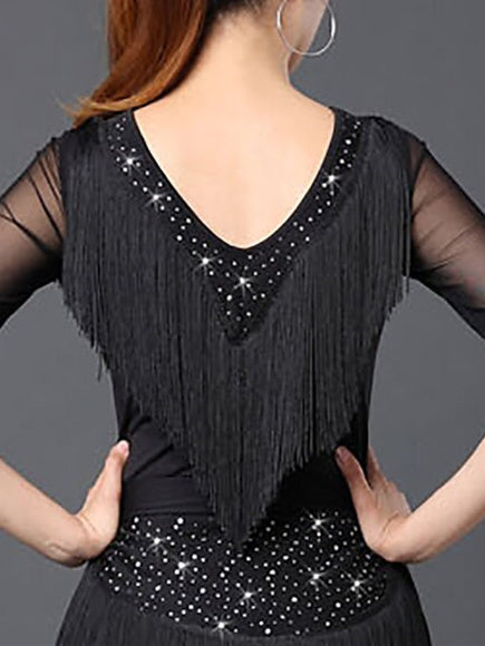 Vêtements de Danse pour Femmes Danse Latine Danse de Salon Haut à Franges Froncé Couleur Unie Gland Manches Courtes