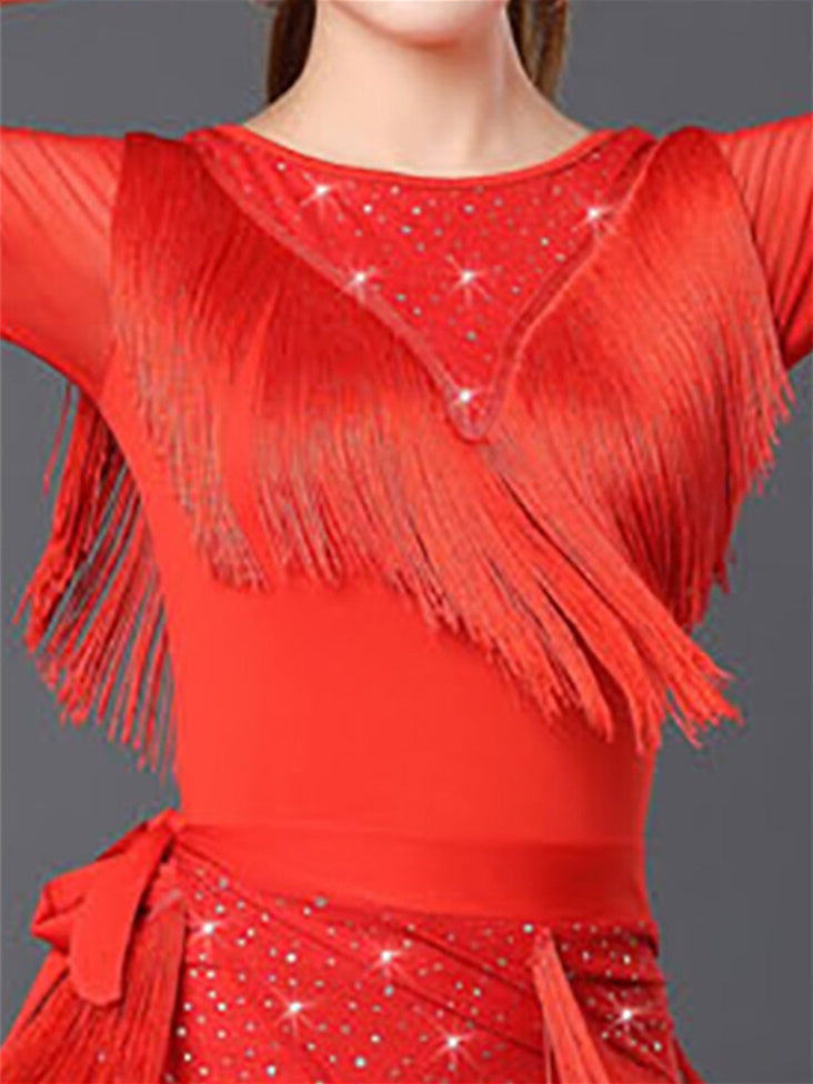 Vêtements de Danse pour Femmes Danse Latine Danse de Salon Haut à Franges Froncé Couleur Unie Gland Manches Courtes