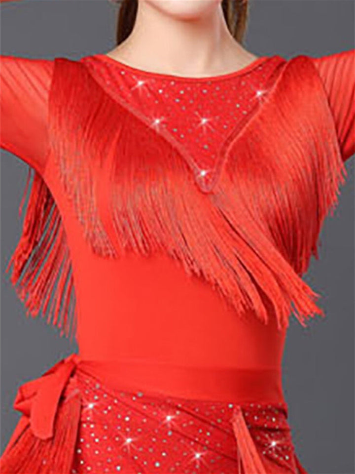 Vêtements de Danse pour Femmes Danse Latine Danse de Salon Haut à Franges Froncé Couleur Unie Gland Manches Courtes