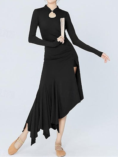 Vêtements de Danse pour Femmes Danse Latine Robe de Danse de Salon Couleur Pure Performance pour Femmes Soirée à Manches Longues