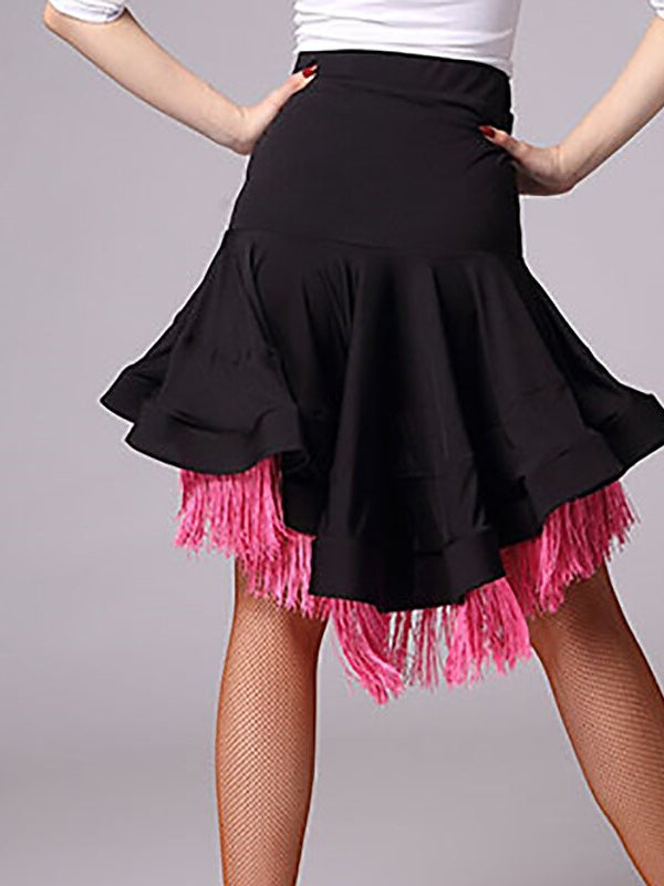 Jupes de Danse Latine pour Femmes, Vêtements de Danse à Franges, Pompons, Couleur Pure, Fronces, Entraînement de Performance, Taille Haute