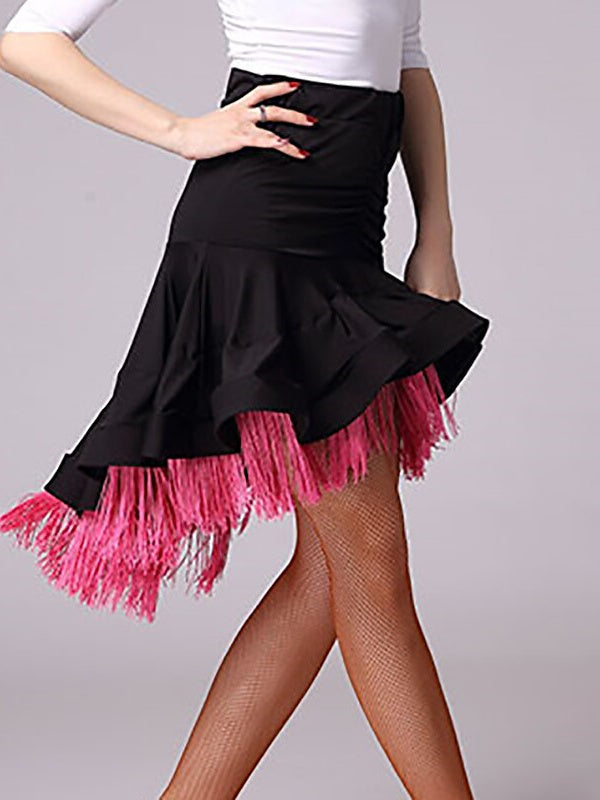 Jupes de Danse Latine pour Femmes, Vêtements de Danse à Franges, Pompons, Couleur Pure, Fronces, Entraînement de Performance, Taille Haute
