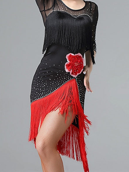 Robe De Danse Latine À Franges Et Pompons Pour Femme, Manches Mi-Longues, Maille Et Fibre De Lait