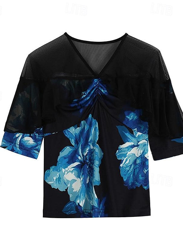 Haut de Danse Latine pour Femme, Imprimé Tulle, Épissure, Entraînement de Performance, Manches Mi-Longues Hautes
