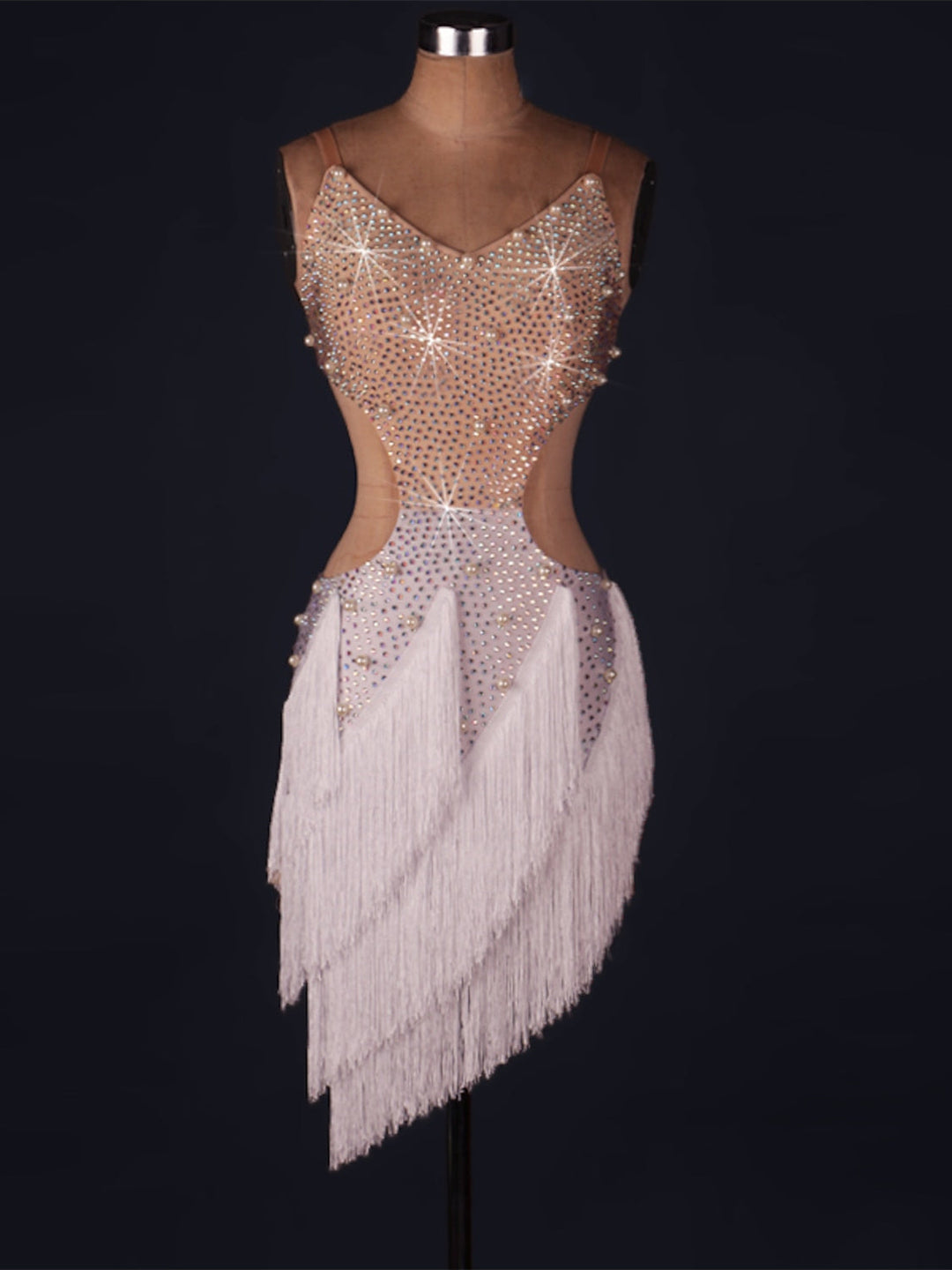 Robe de Danse Latine pour Femmes, en Élasthanne, à Franges et Pompons, Sans Manches, Naturelle