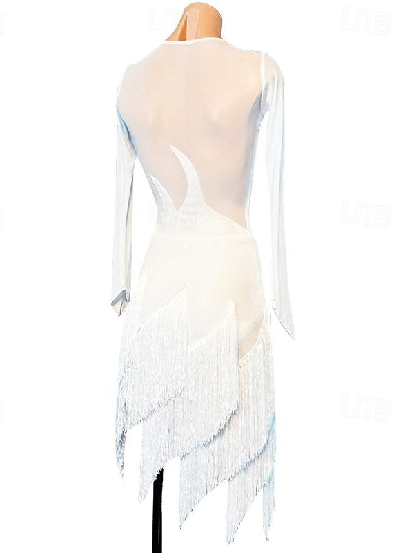 Robe de Danse Latine à Manches Longues et Pompons en Élasthanne pour Femme