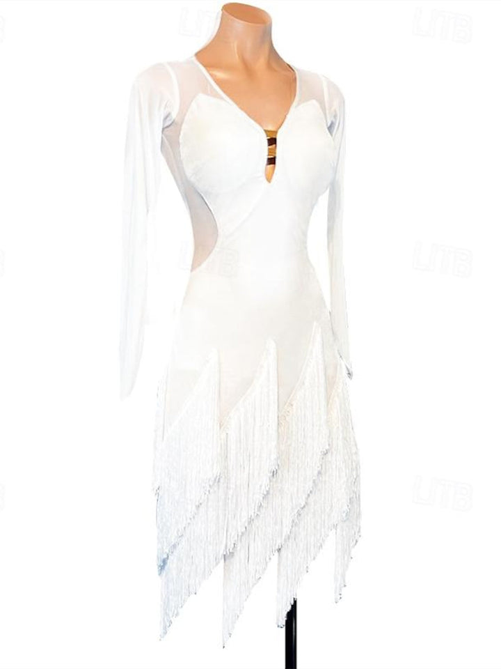 Robe de Danse Latine à Manches Longues et Pompons en Élasthanne pour Femme