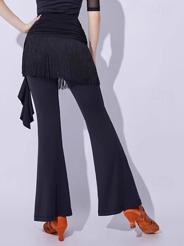 Pantalon de Danse de Salon de Danse Latine à Pompons, Épissure de Couleur Pure, Entraînement de Performance pour Femmes, Fibre de Lait