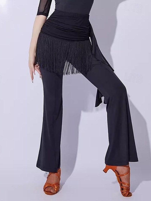 Pantalon de Danse de Salon de Danse Latine à Pompons, Épissure de Couleur Pure, Entraînement de Performance pour Femmes, Fibre de Lait