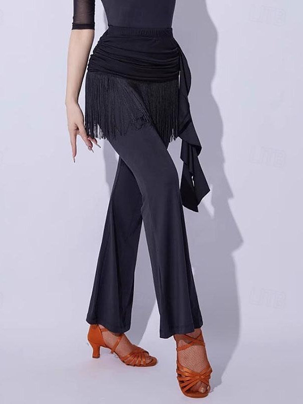 Pantalon de Danse de Salon de Danse Latine à Pompons, Épissure de Couleur Pure, Entraînement de Performance pour Femmes, Fibre de Lait