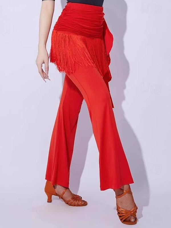 Pantalon de Danse de Salon de Danse Latine à Pompons, Épissure de Couleur Pure, Entraînement de Performance pour Femmes, Fibre de Lait