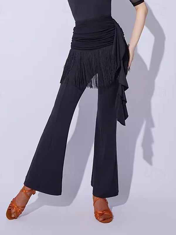 Pantalon de Danse de Salon de Danse Latine à Pompons, Épissure de Couleur Pure, Entraînement de Performance pour Femmes, Fibre de Lait