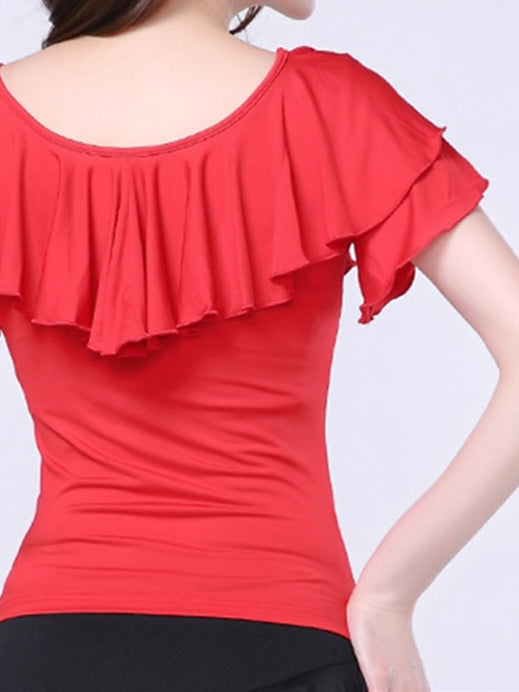 Danse Latine pour Femmes, Danse de Salon, Volants en Fibre de Lait, Couleur Pure, Manches Courtes, Col Rond