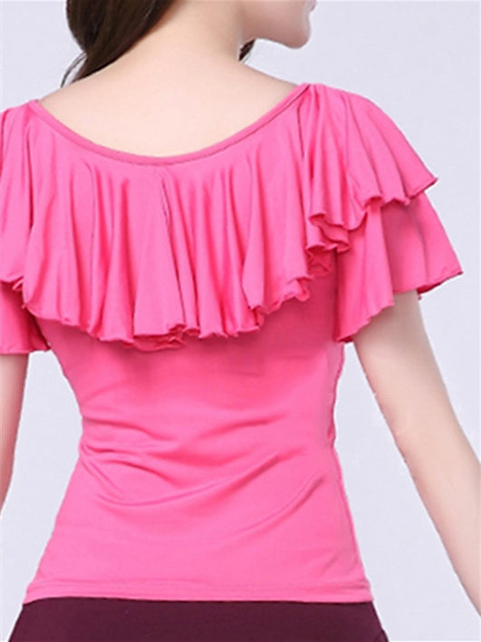 Danse Latine pour Femmes, Danse de Salon, Volants en Fibre de Lait, Couleur Pure, Manches Courtes, Col Rond