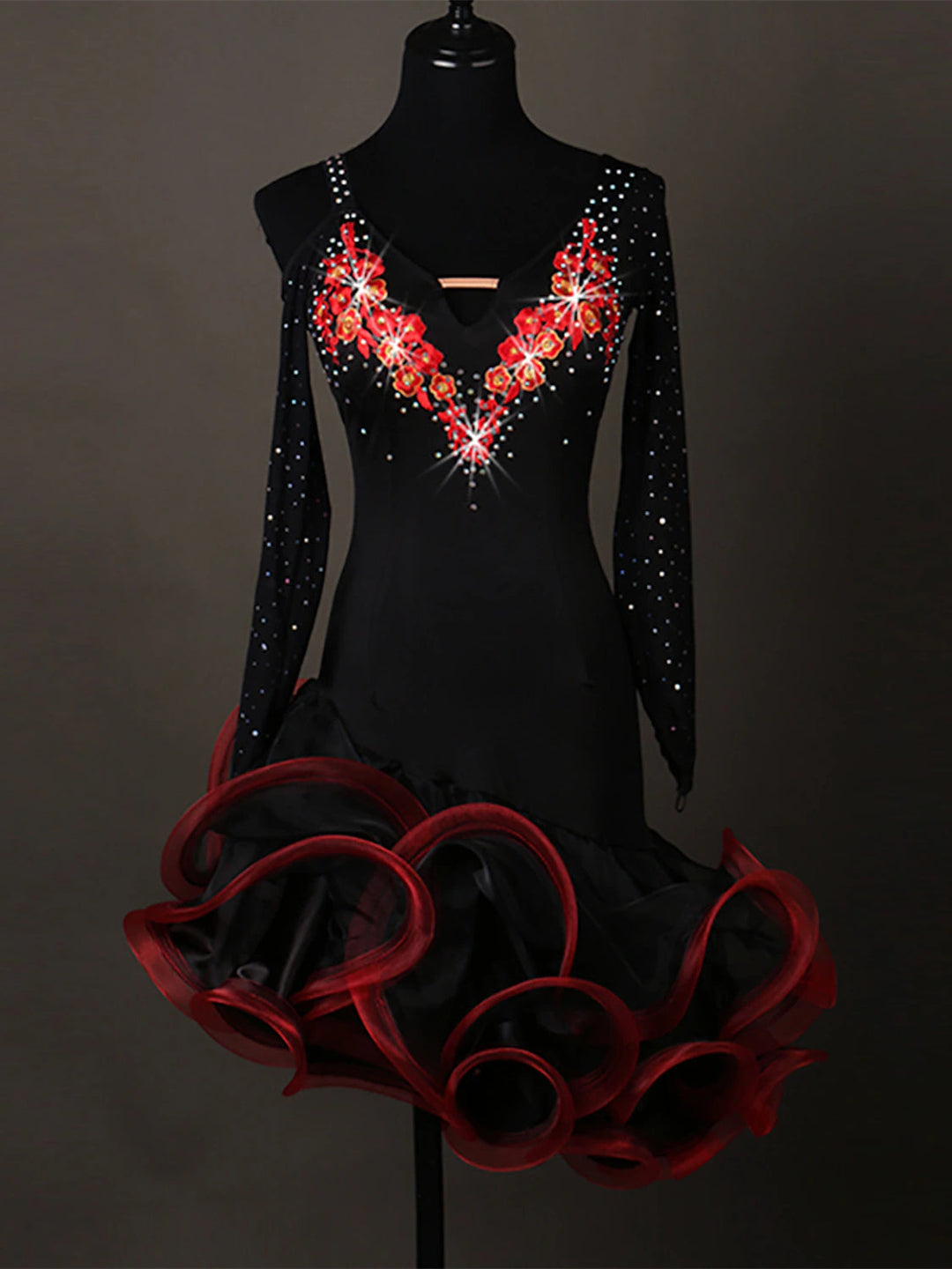Robe de Danse Salsa Latine Cristaux/Strass Manches Longues Spandex Organza Femmeéˆ¥Æ¦® Entraînement Performance