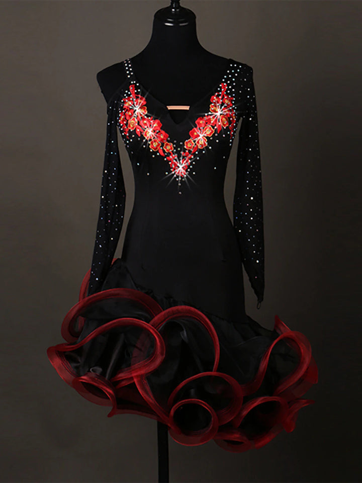 Robe de Danse Salsa Latine Cristaux/Strass Manches Longues Spandex Organza Femmeéˆ¥Æ¦® Entraînement Performance