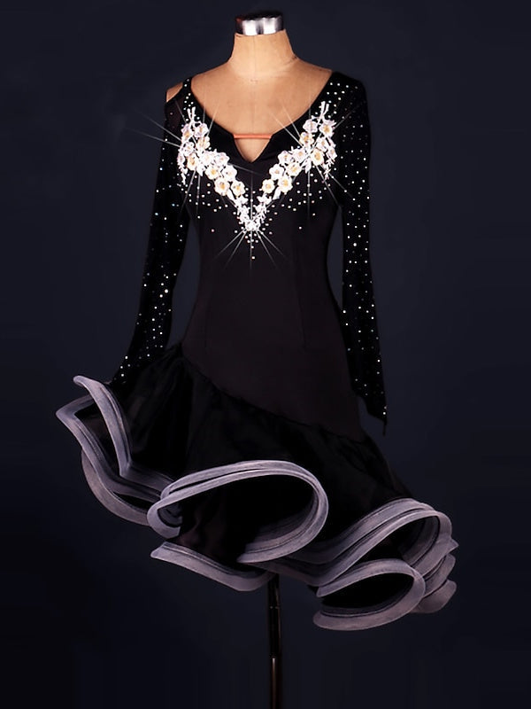 Robe de Danse Salsa Latine Cristaux/Strass Manches Longues Spandex Organza Femmeéˆ¥Æ¦® Entraînement Performance