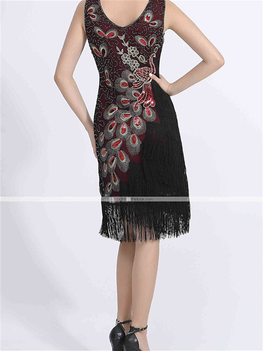 Robe de Danse Latine à Paillettes et Perles Sans Manches en Polyester Naturel pour Femme