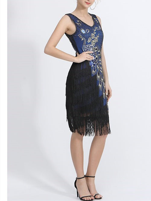 Robe de Danse Latine à Paillettes et Perles Sans Manches en Polyester Naturel pour Femme