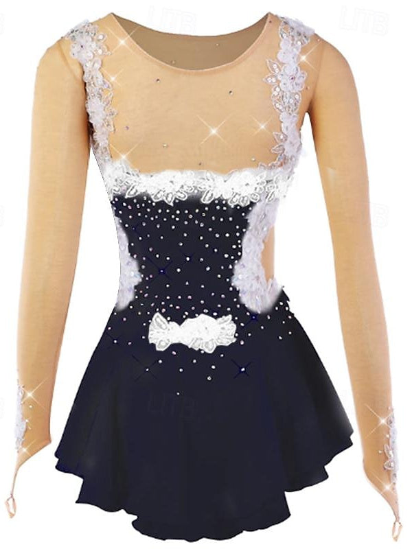 Robe de Danse Sur Glace Légère et Légère pour Femmes et Filles, en Maille et Dentelle Élasthanne, Motif Floral, Haute Élasticité
