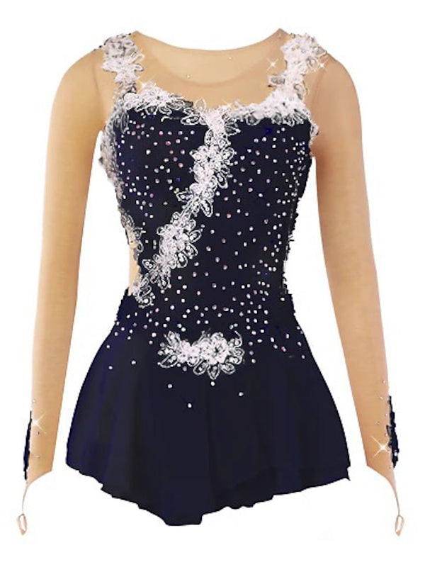 Robe de Danse Sur Glace Légère et Légère pour Femmes et Filles, en Maille et Dentelle Élasthanne, Motif Floral, Haute Élasticité