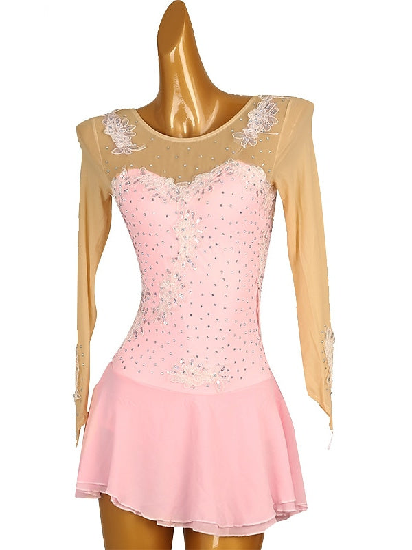 Robe de Danse Sur Glace Légère et Légère pour Femmes et Filles, en Maille et Dentelle Élasthanne, Motif Floral, Haute Élasticité