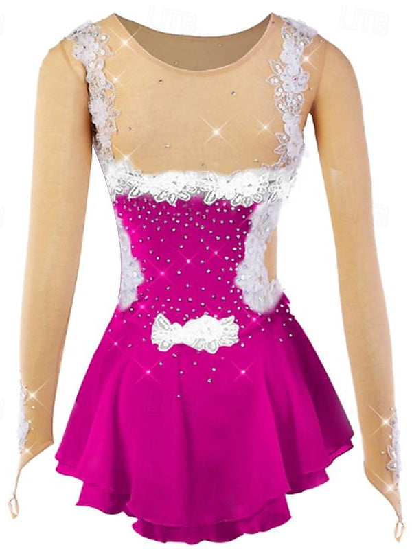 Robe de Danse Sur Glace Légère et Légère pour Femmes et Filles, en Maille et Dentelle Élasthanne, Motif Floral, Haute Élasticité