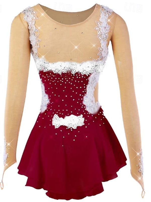 Robe de Danse Sur Glace Légère et Légère pour Femmes et Filles, en Maille et Dentelle Élasthanne, Motif Floral, Haute Élasticité