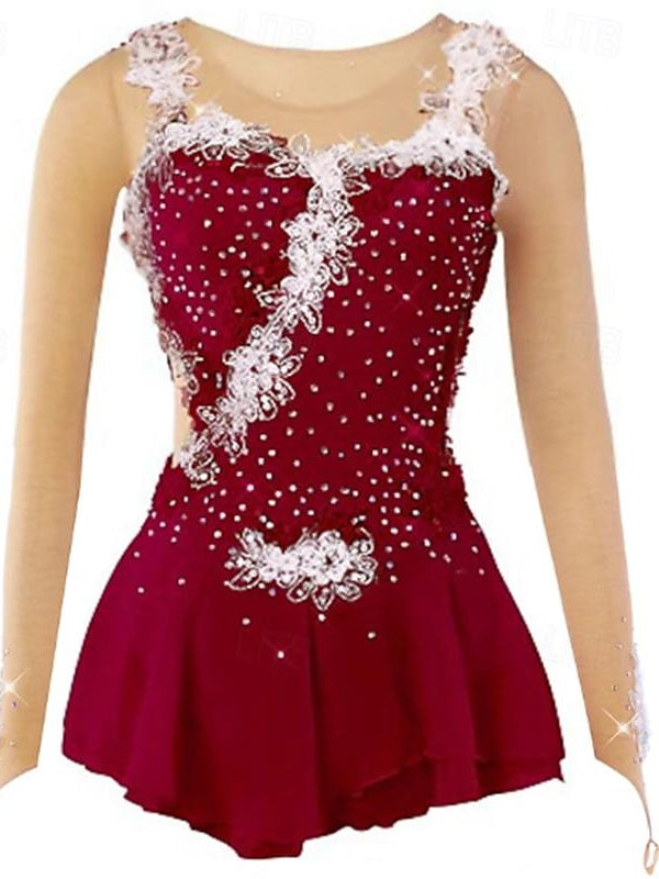 Robe de Danse Sur Glace Légère et Légère pour Femmes et Filles, en Maille et Dentelle Élasthanne, Motif Floral, Haute Élasticité