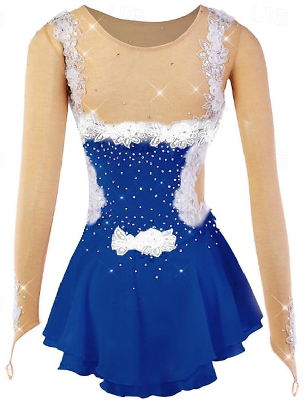 Robe de Danse Sur Glace Légère et Légère pour Femmes et Filles, en Maille et Dentelle Élasthanne, Motif Floral, Haute Élasticité