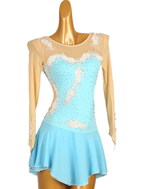 Robe de Danse Sur Glace Légère et Légère pour Femmes et Filles, en Maille et Dentelle Élasthanne, Motif Floral, Haute Élasticité