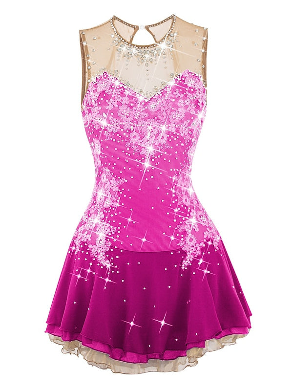 Robe de Patinage Artistique pour Femmes et Filles, Robe de Patinage Sur Glace, Dos Ouvert, Élasthanne, Maille Fleurie, Strass, Sans Manches, Vêtements de Danse Sur Glace